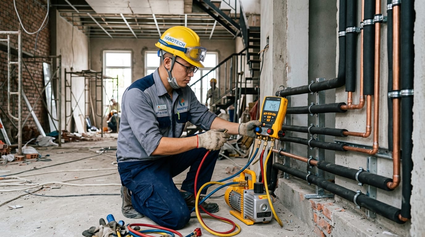 Kỹ sư Hanotech thực hiện nén áp Nitơ 40 bar và hút chân không bằng thiết bị Testo tại công trình nhà 3 tầng