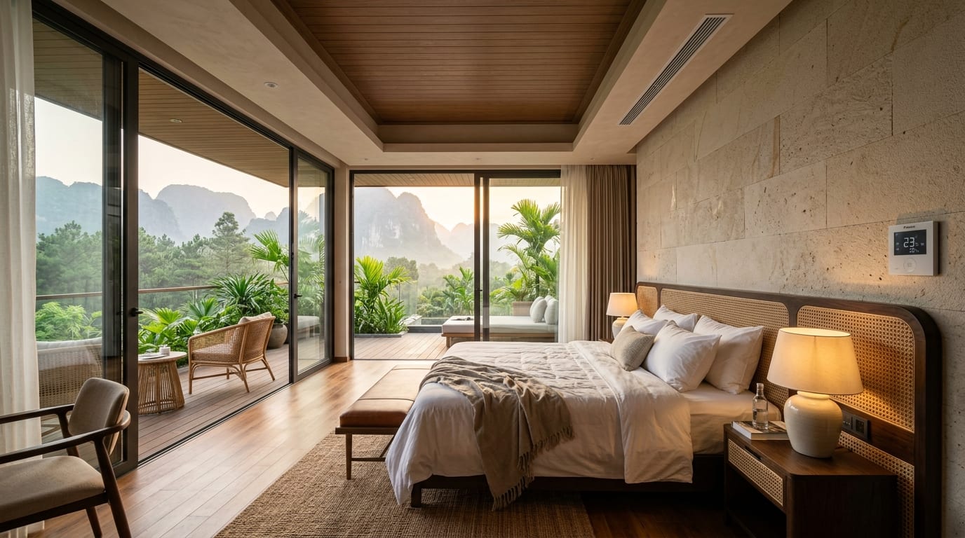 Phòng ngủ villa suite sang trọng tại resort Tam Điệp sử dụng miệng gió khe Slot Daikin VRV
