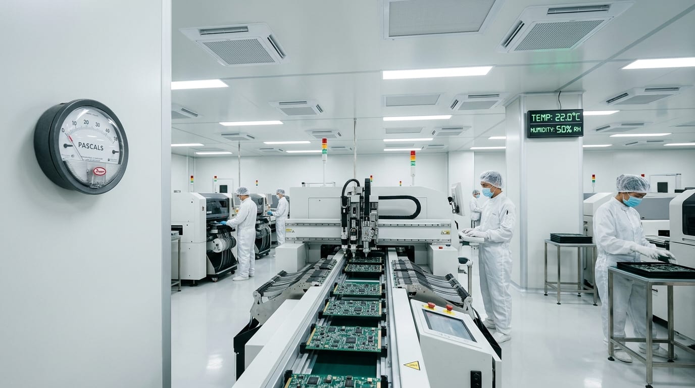 Phòng sạch dây chuyền SMT kiểm soát áp suất dương và nhiệt ẩm tại KCN Yên Bình