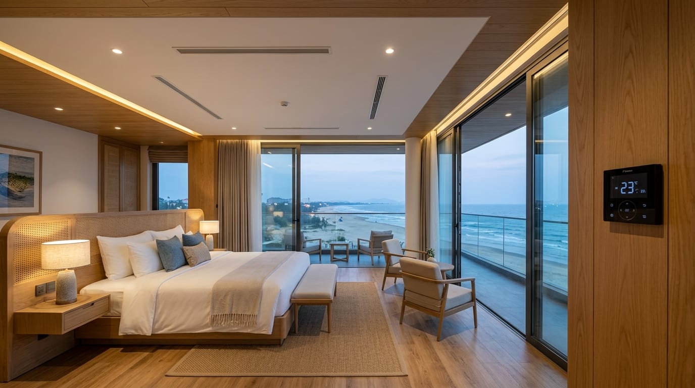 Không gian phòng ngủ suite villa resort ven biển Sầm Sơn với cửa gió khe Slot âm trần và điều khiển Madoka