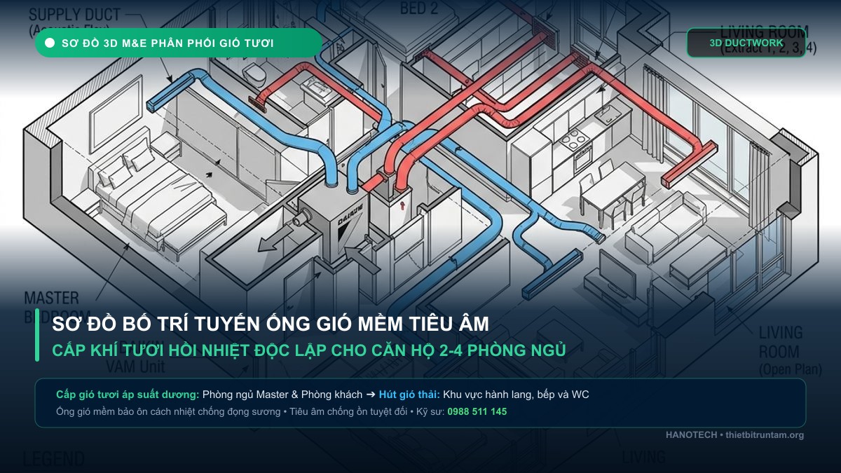 Sơ đồ 3D bố trí tuyến ống gió mềm tiêu âm cấp gió tươi thu hồi nhiệt căn hộ chung cư