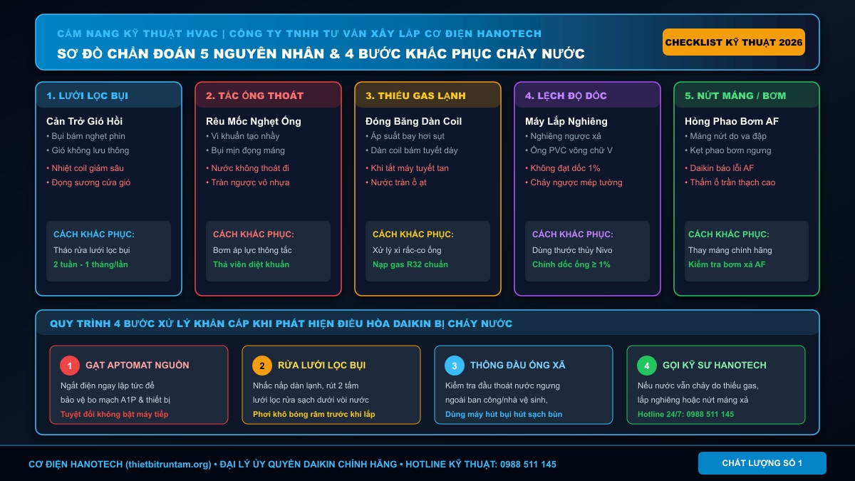 Sơ đồ infographic chẩn đoán 5 nguyên nhân và 4 bước khắc phục điều hòa Daikin bị chảy nước