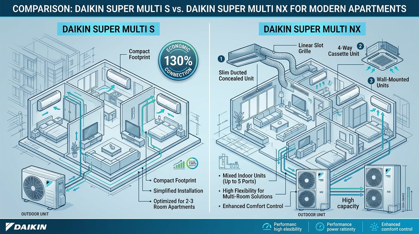 Sơ đồ infographic kỹ thuật so sánh nguyên lý kết nối dàn lạnh và công suất giữa Daikin Multi S và Daikin Super Multi NX