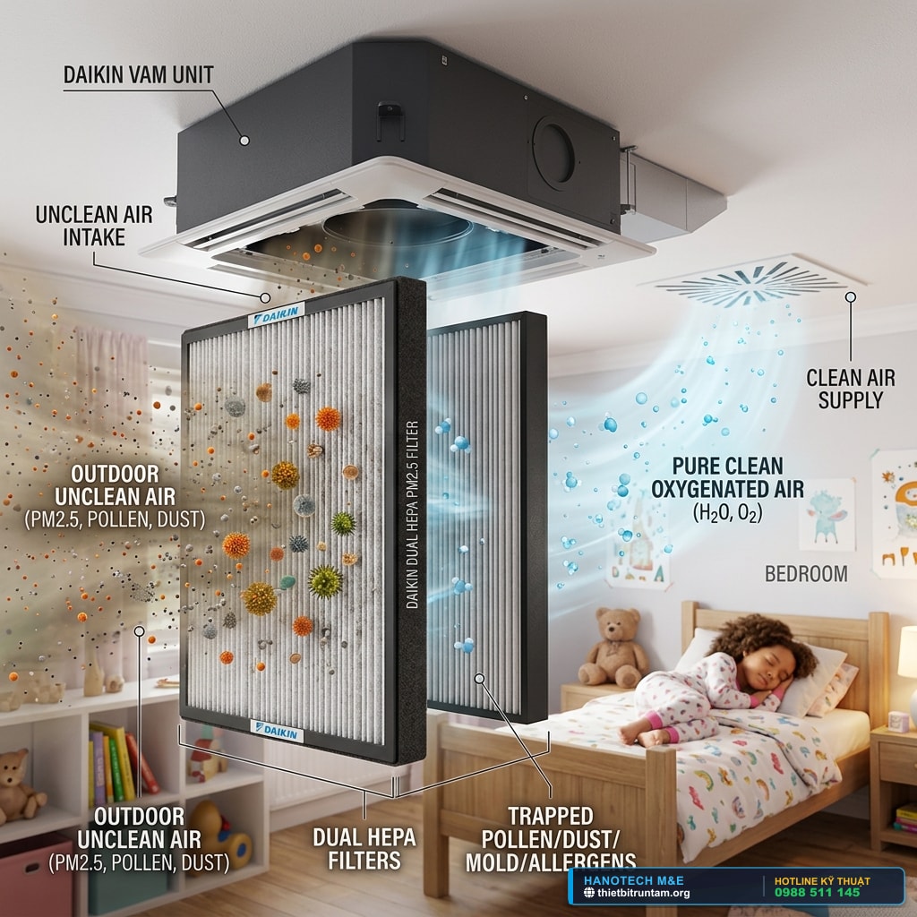 Sơ đồ nguyên lý phin lọc màng kép HEPA PM2.5 trên thiết bị thông gió Daikin VAM giữ lại vi khuẩn và bụi mịn
