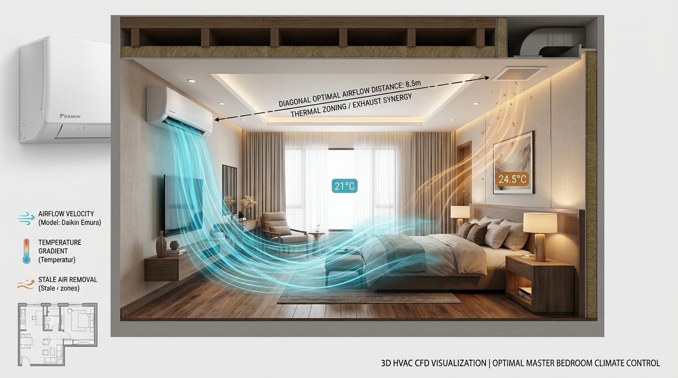 Sơ đồ nguyên lý 3D khí động học vị trí lắp đặt quạt thông gió trong phòng điều hòa chuẩn M&E tránh thất thoát nhiệt và tích tụ CO2 - Hanotech