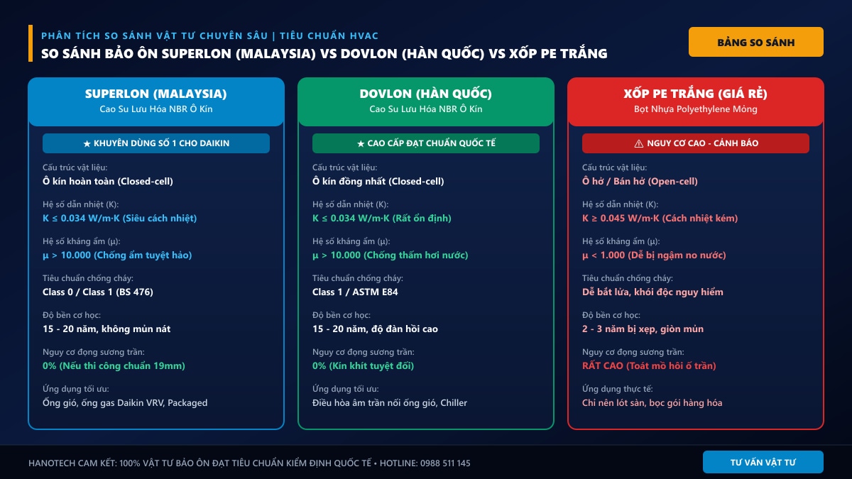 So sánh bảo ôn Superlon Malaysia vs Dovlon Hàn Quốc vs Xốp PE trắng
