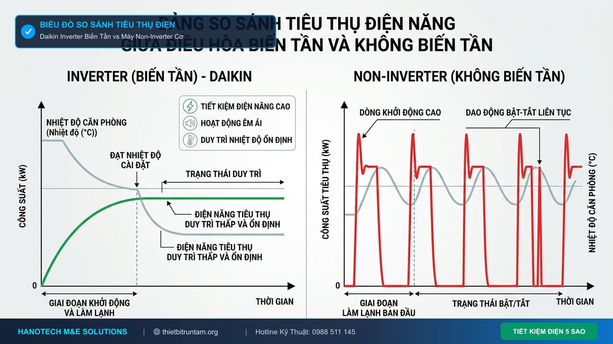 Biểu đồ so sánh mức tiêu thụ điện năng giữa điều hòa biến tần Daikin Inverter và điều hòa cơ Non-Inverter