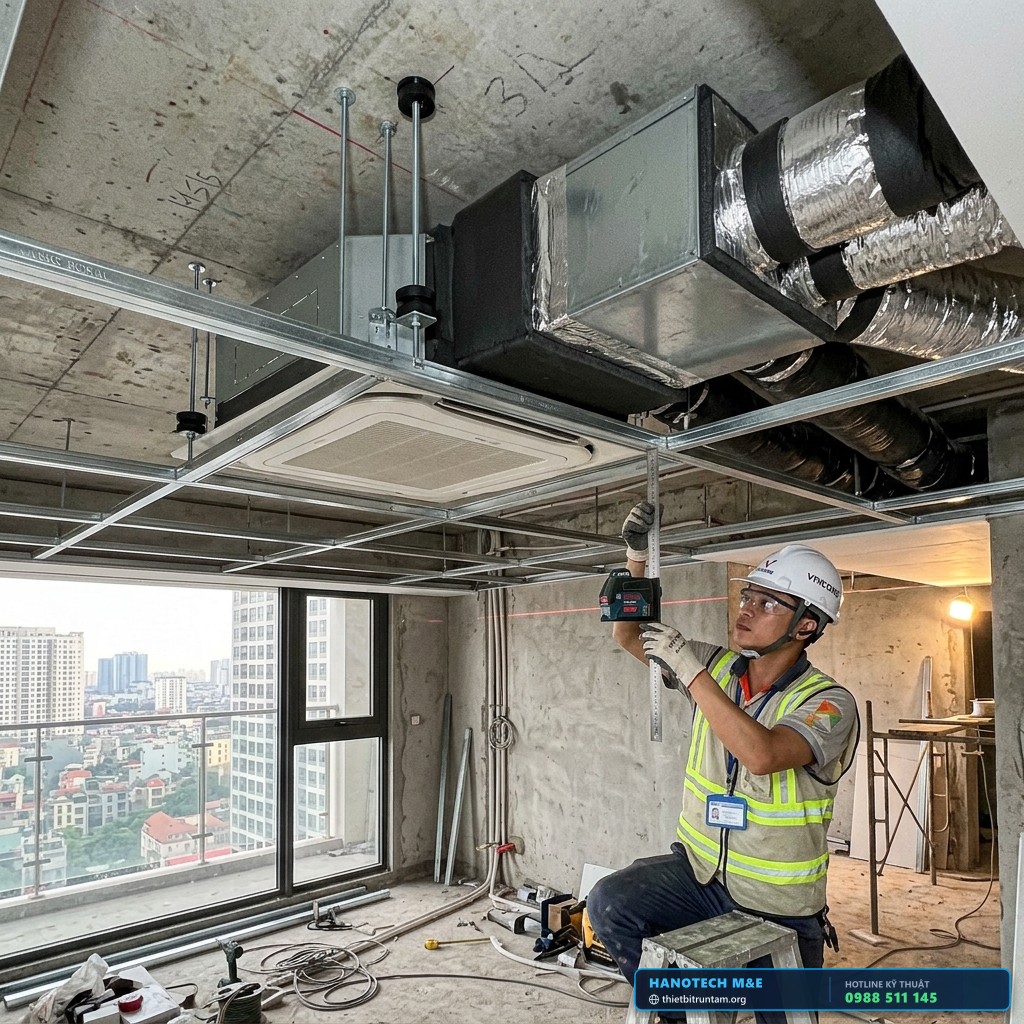Kỹ sư Cơ điện Hanotech đo đạc độ cao hạ trần thạch cao và kiểm tra lắp đặt dàn lạnh giấu trần Daikin tại công trình căn hộ Hà Nội