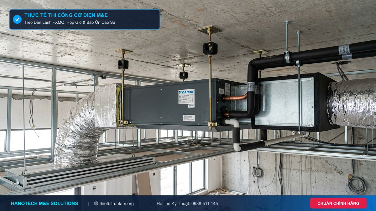 Thi công thực tế lắp đặt dàn lạnh giấu trần Daikin FXMQ kết nối ống gió tôn mạ kẽm