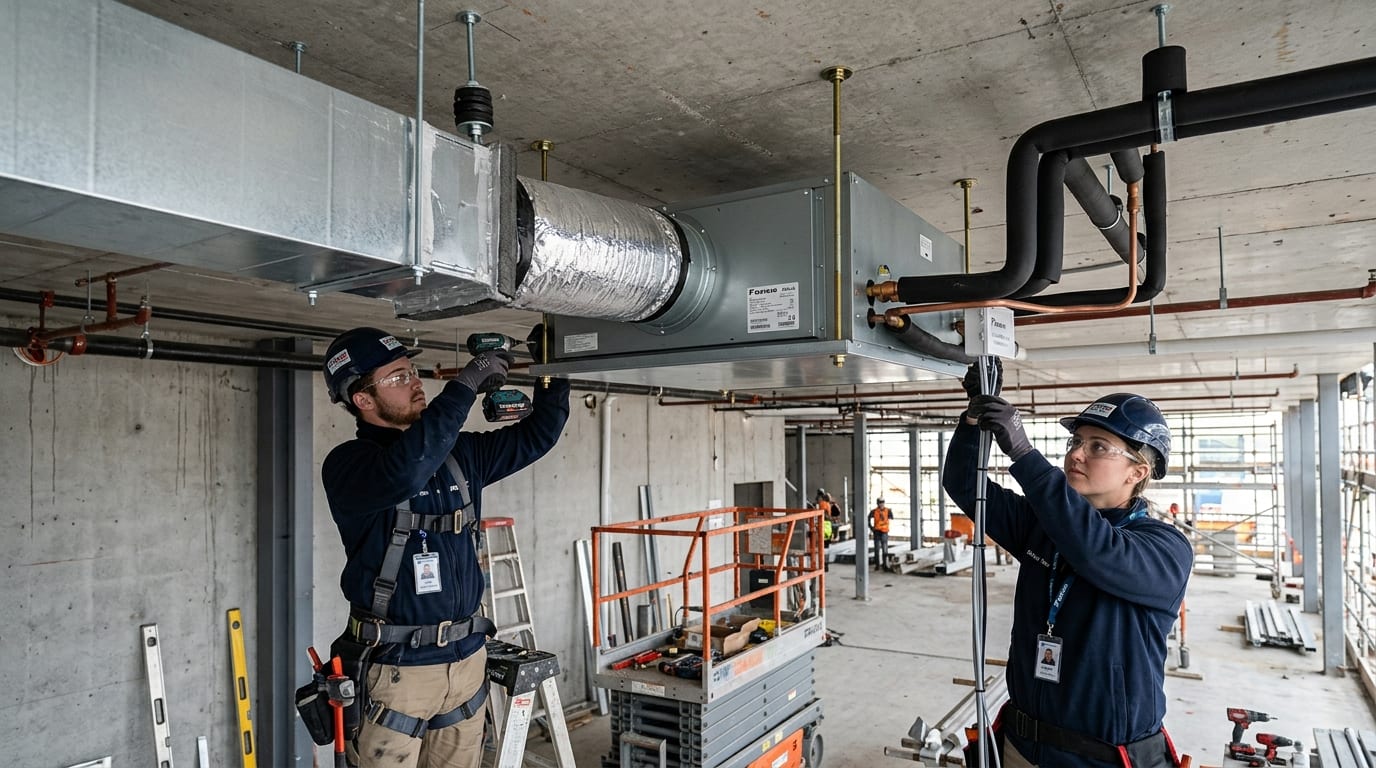 Đội ngũ kỹ thuật viên Hanotech thi công bọc bảo ôn đúp Superlon, kết nối ống gió mềm cách âm cho dàn lạnh âm trần
