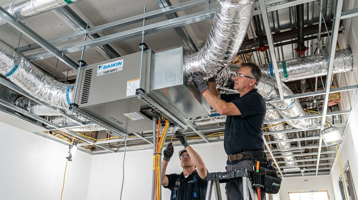 Kỹ sư cơ điện Hanotech thi công lắp đặt quạt thông gió thu hồi nhiệt Daikin VAM giấu trần thạch cao tiêu âm