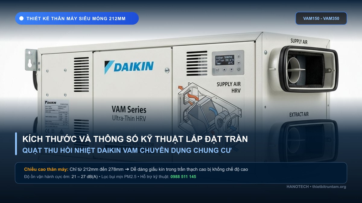Thiết kế quạt thu hồi nhiệt Daikin VAM mỏng nhẹ giấu trần thạch cao căn hộ chung cư