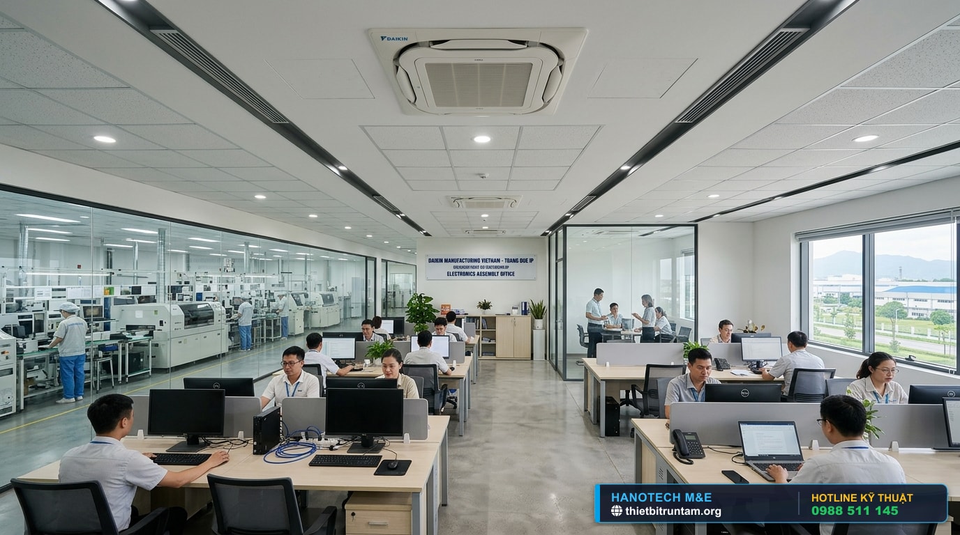 Không gian văn phòng xưởng lắp ráp thiết bị điện tử KCN Tràng Duệ trang bị điều hòa giấu trần mỏng Daikin
