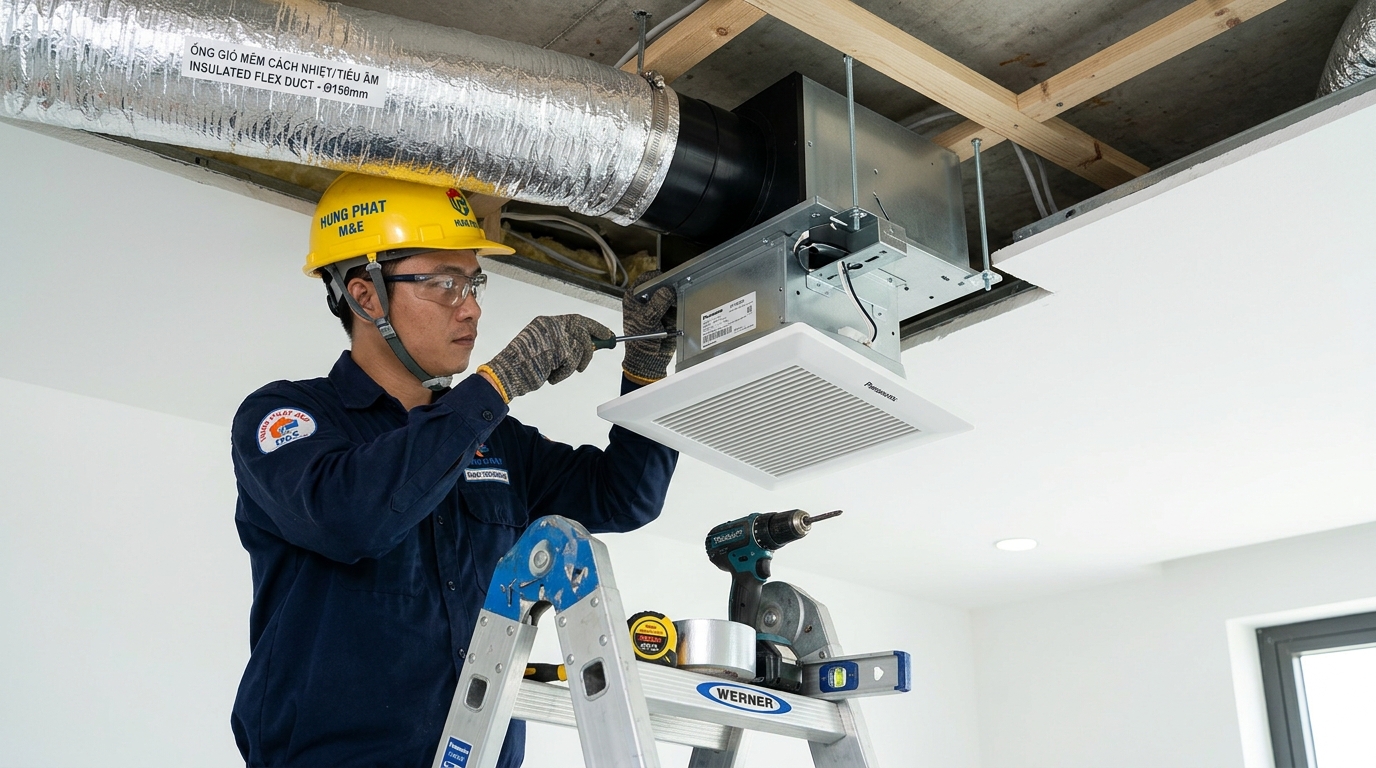 Kỹ sư Cơ điện Hanotech thi công lắp đặt quạt thông gió âm trần có van một chiều và đường ống bọc bảo ôn tiêu âm