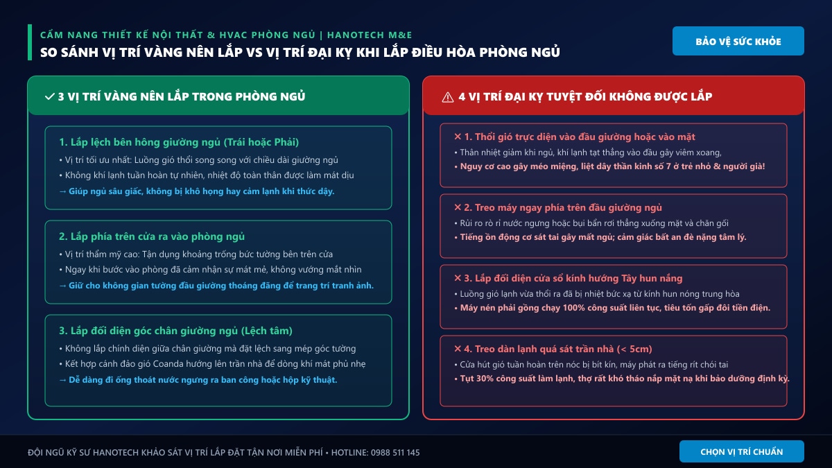 So sánh 3 vị trí vàng nên lắp và 4 vị trí đại kỵ khi lắp điều hòa phòng ngủ