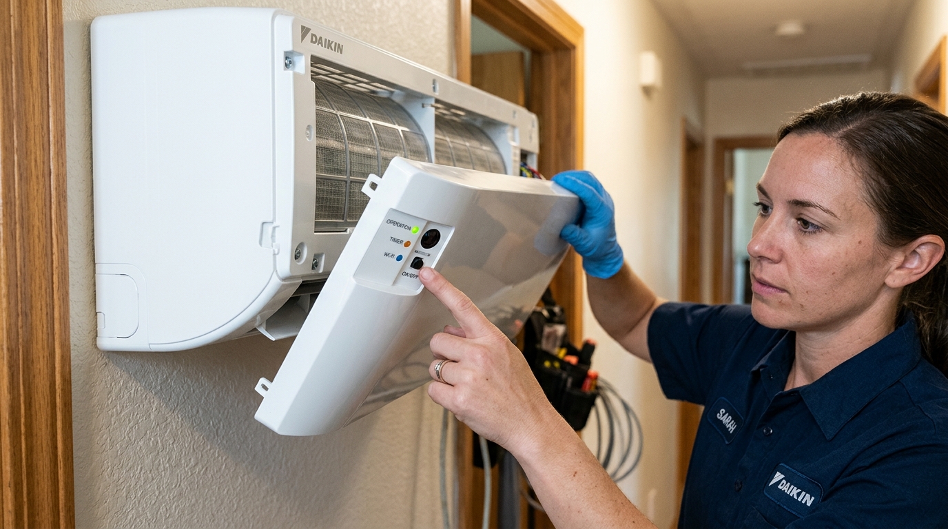 Vị trí nút nguồn bật khẩn cấp trên dàn lạnh điều hòa Daikin Inverter