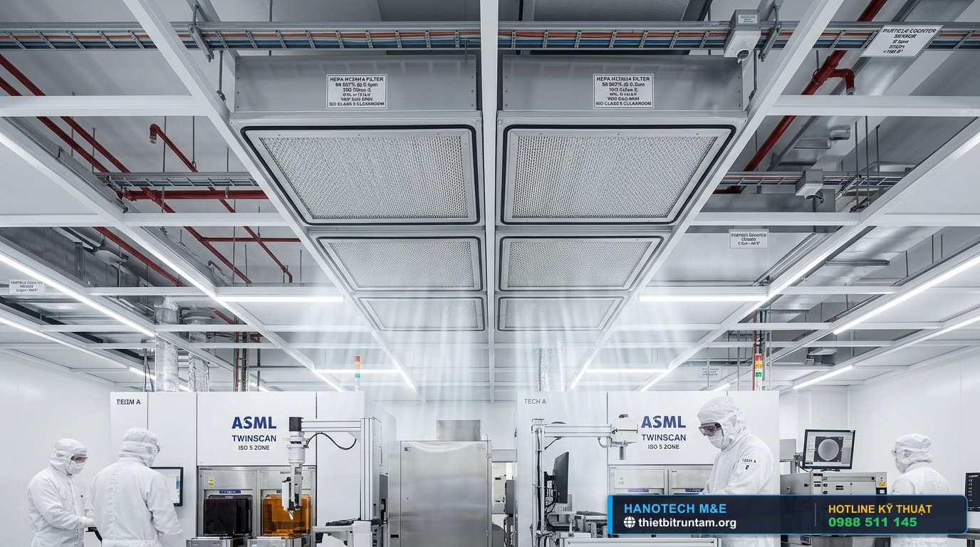 Hình ảnh hệ thống màng lọc HEPA H14 lắp âm trần nhà xưởng bán dẫn ISO Class 5 KCN VSIP Bắc Ninh