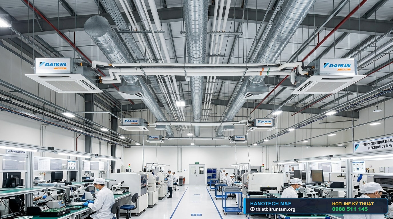 Hình ảnh không gian phòng sạch Cleanroom nhà máy điện tử KCN Yên Phong trang bị hệ thống ống gió tôn xoắn Daikin