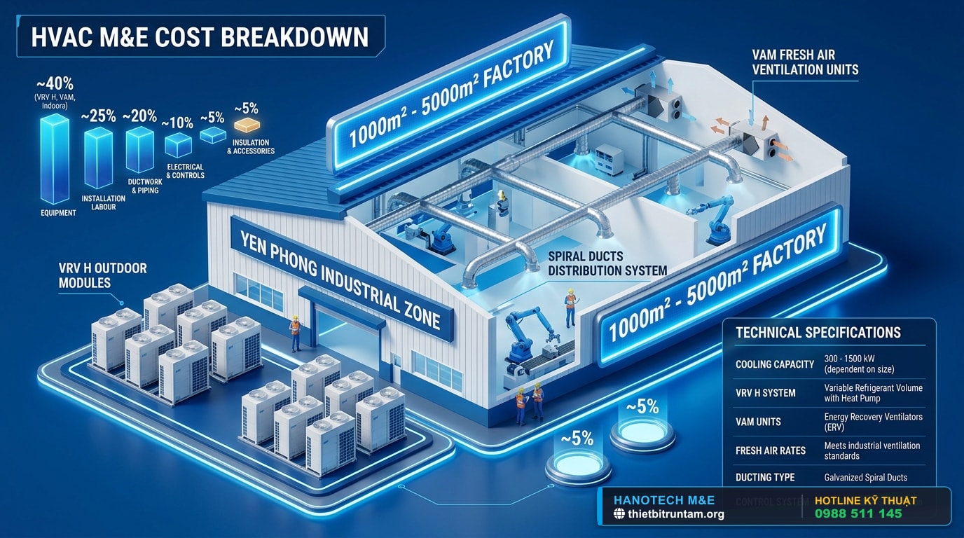 Sơ đồ infographic bóc tách tỷ trọng chi phí thi công HVAC nhà xưởng KCN Yên Phong Bắc Ninh